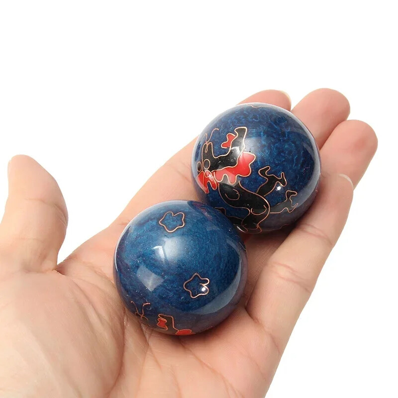 2Pcs Chinese Cloisonné Massage Ball Set – Solid Chrome Gemstone Stress Relief