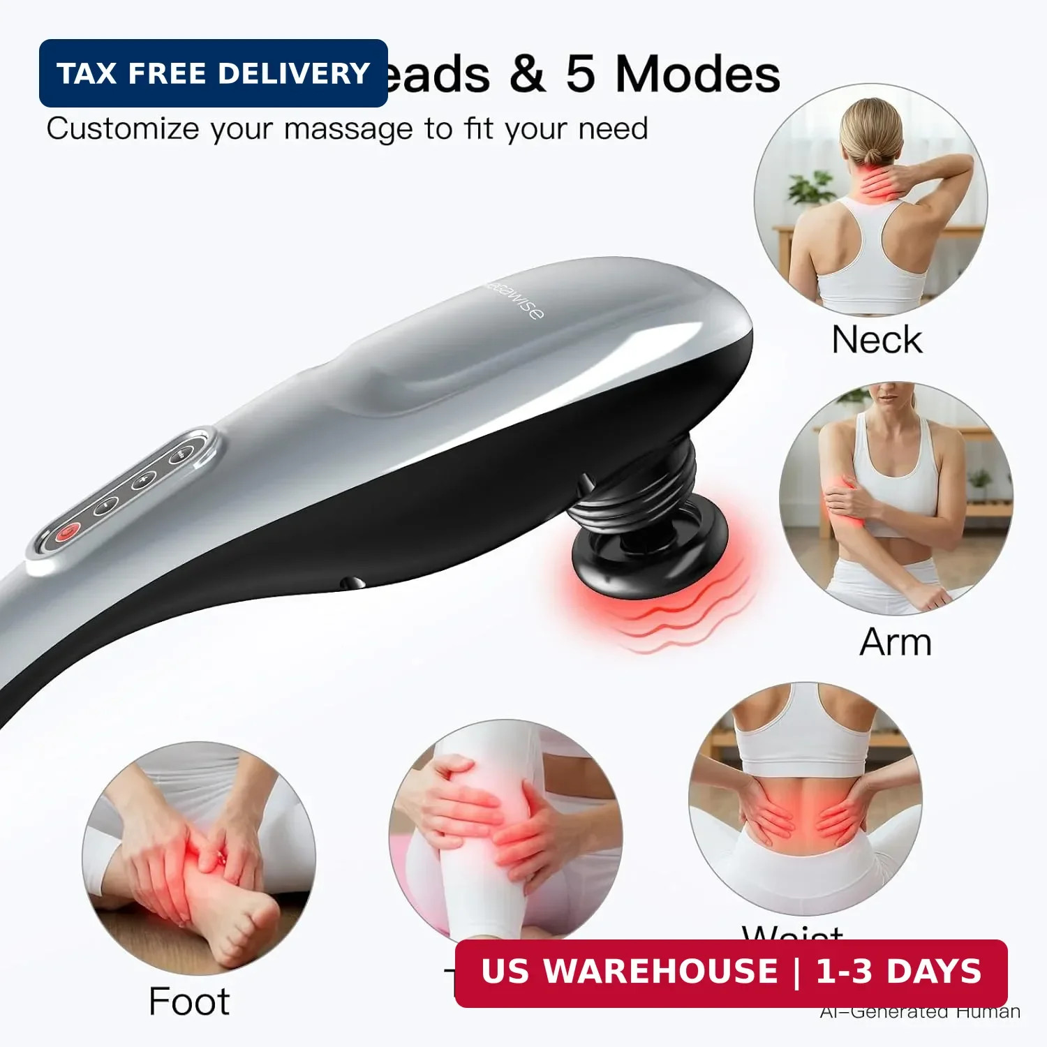 MEGAWISE Handheld Deep Tissue Neck Back Massager for Shoulders, Waist, Legs, 360