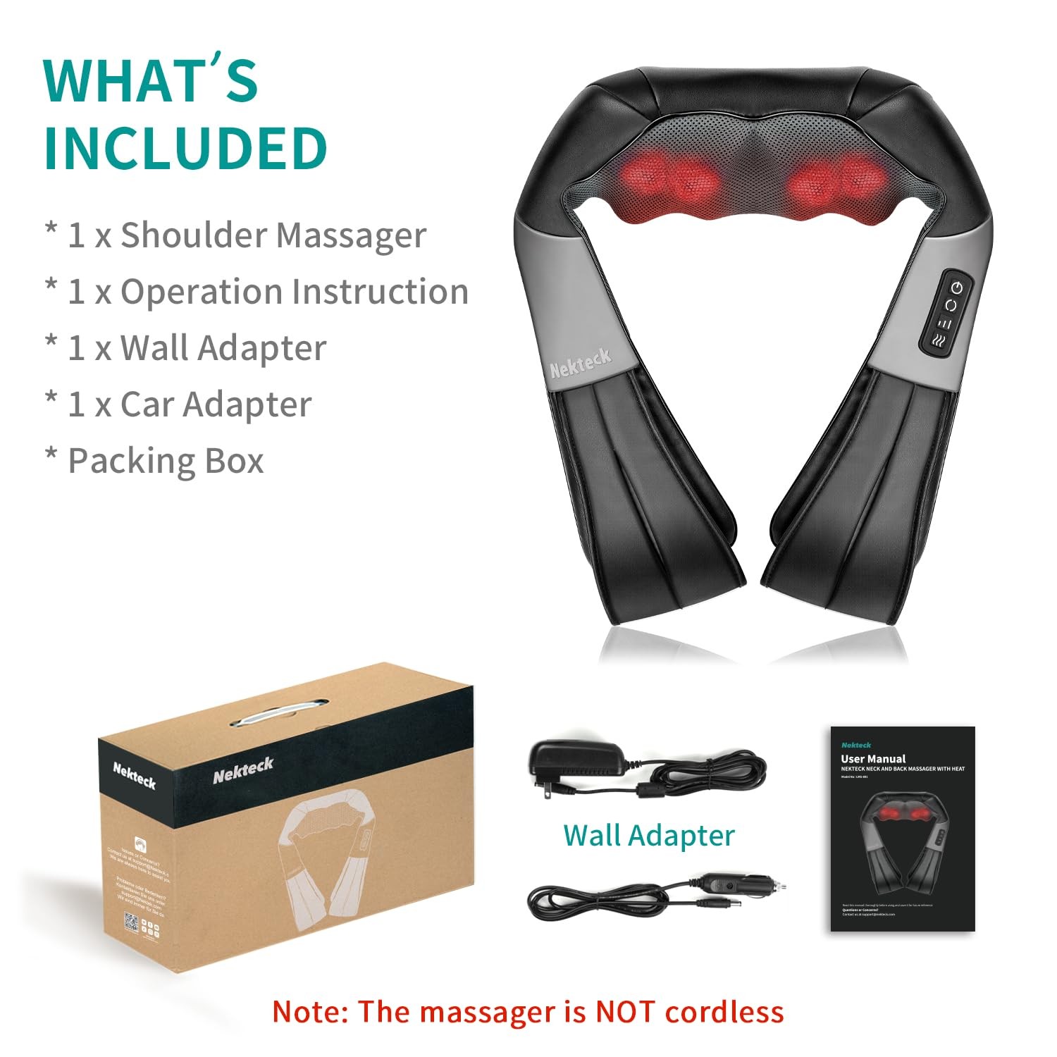 Nekteck Shiatsu Neck Massager with Heat 8 Kneading Nodes Portable Relaxation
