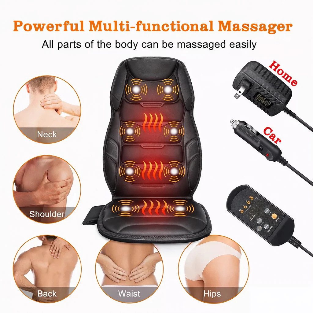 Heated Massage Seat Cushion Back Neck Body Massager Chair Pad Home Office