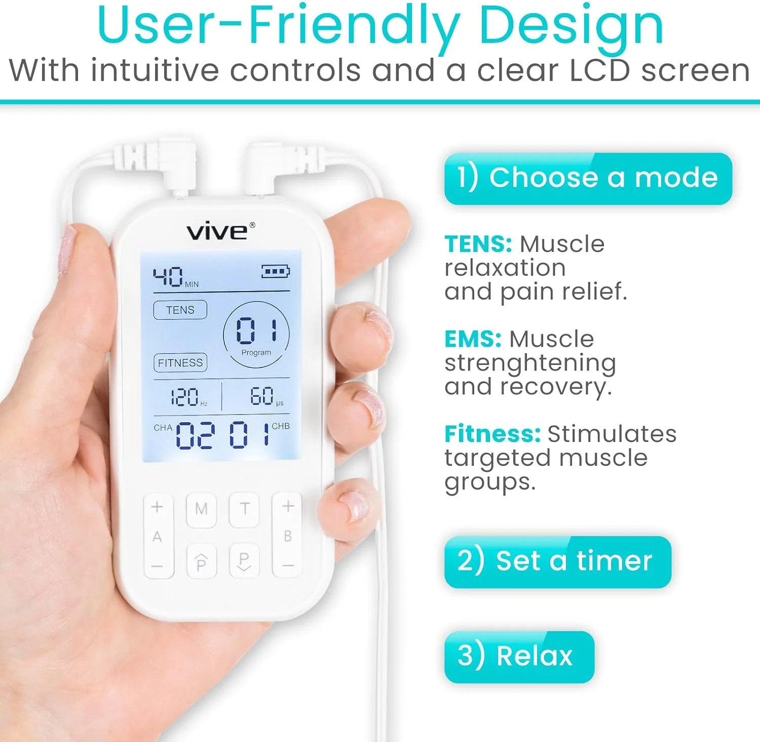 Vive Stim Machine for Muscle Recovery – 24 Mode Tens Unit Stimulator for Pain Re