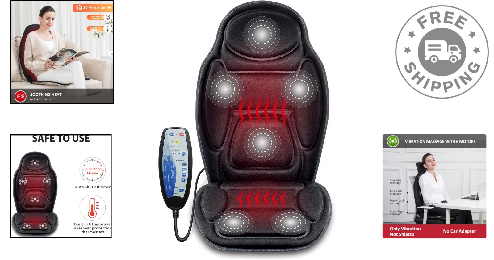 Ergonomic Back Massager with Gentle Heat – 6 Vibration Settings for Home/Office