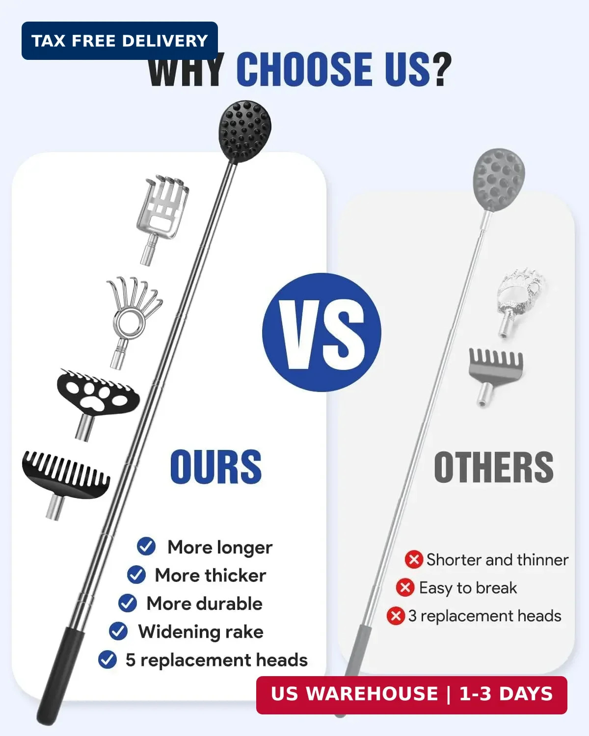 Gelibo Telescoping Large Back Scratcher with 5 Detachable Heads,Rubber Handles G