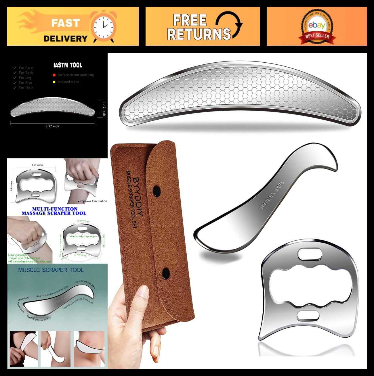 3-in-1 Stainless Steel Muscle Scraper Set | IASTM Tools for Physical Therapy & G