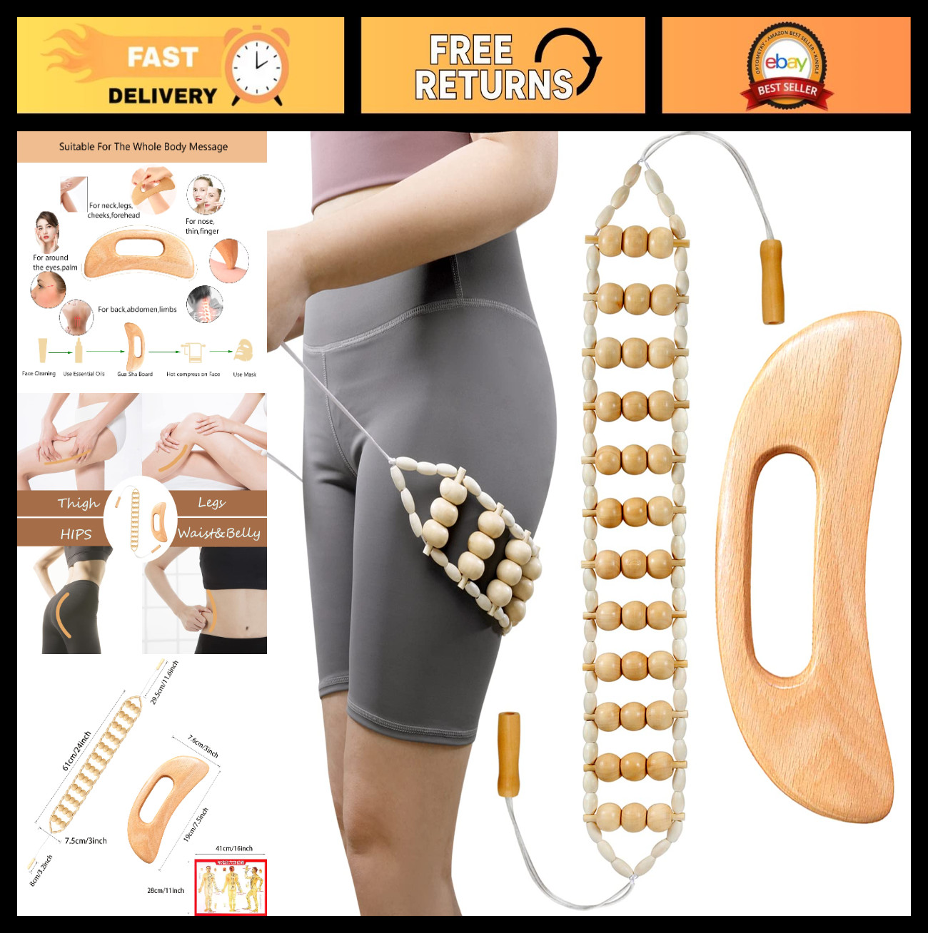 Handmade Wood Therapy Massage Tools – Back Roller & Rope Kit for Muscle Relaxati