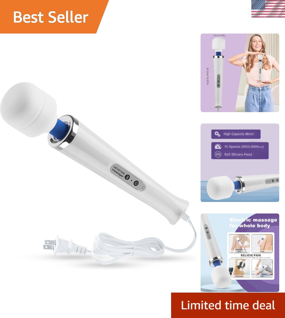 Powerful Handheld Wand Massager with 10 Vibration Settings in Classic White