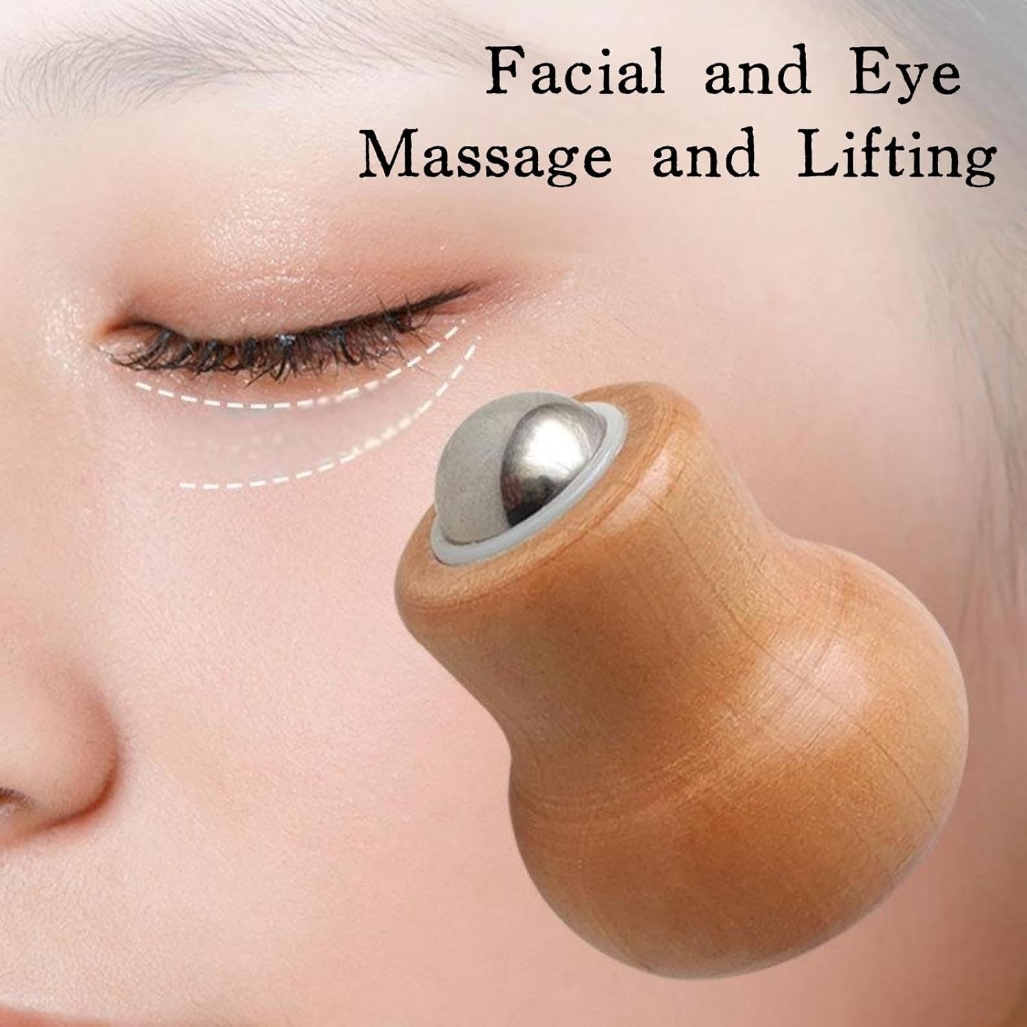 Stainless Steel Facial Massage Roller with Beech Wood Handle, 360-Degree Rotatin
