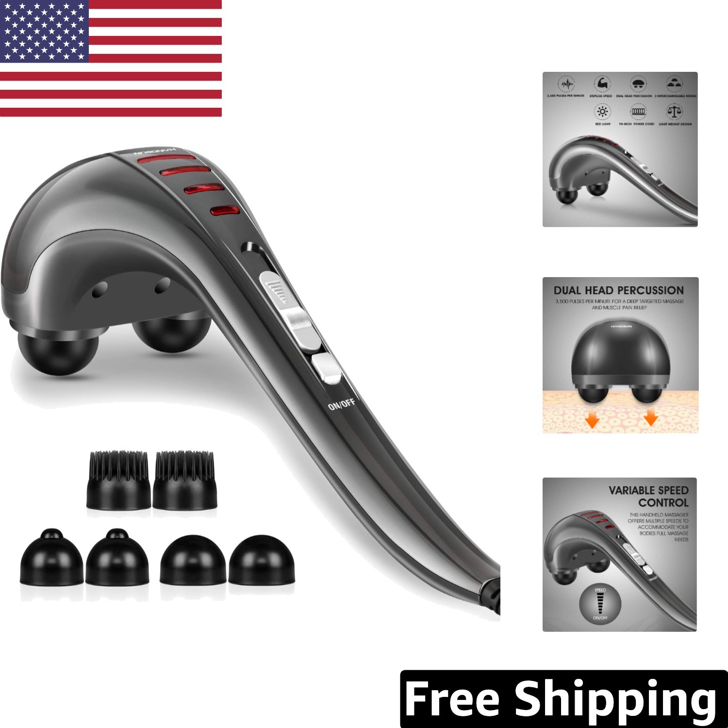 Handheld Deep Tissue Massager with 3 Nodes & 98 Inch Cord for Full Body Relief