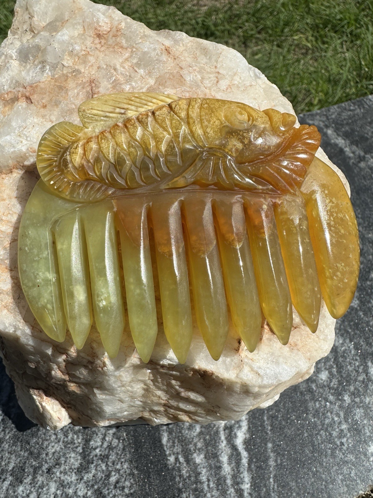 Hand Carved Yellow Nephrite Jade Koi Fish Gua Sha Comb 7-8 oz Heirloom Massager