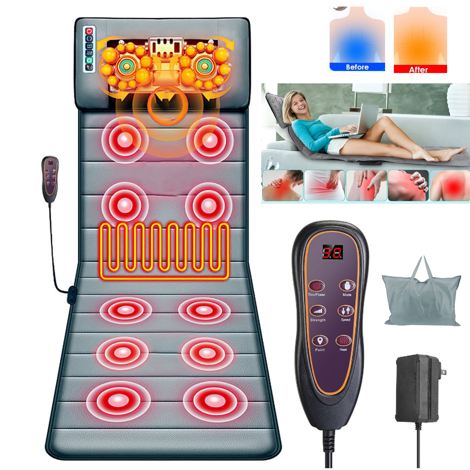 Electric Massage Mat Full Body Heating Vibration Massage Pad Neck Back Massager