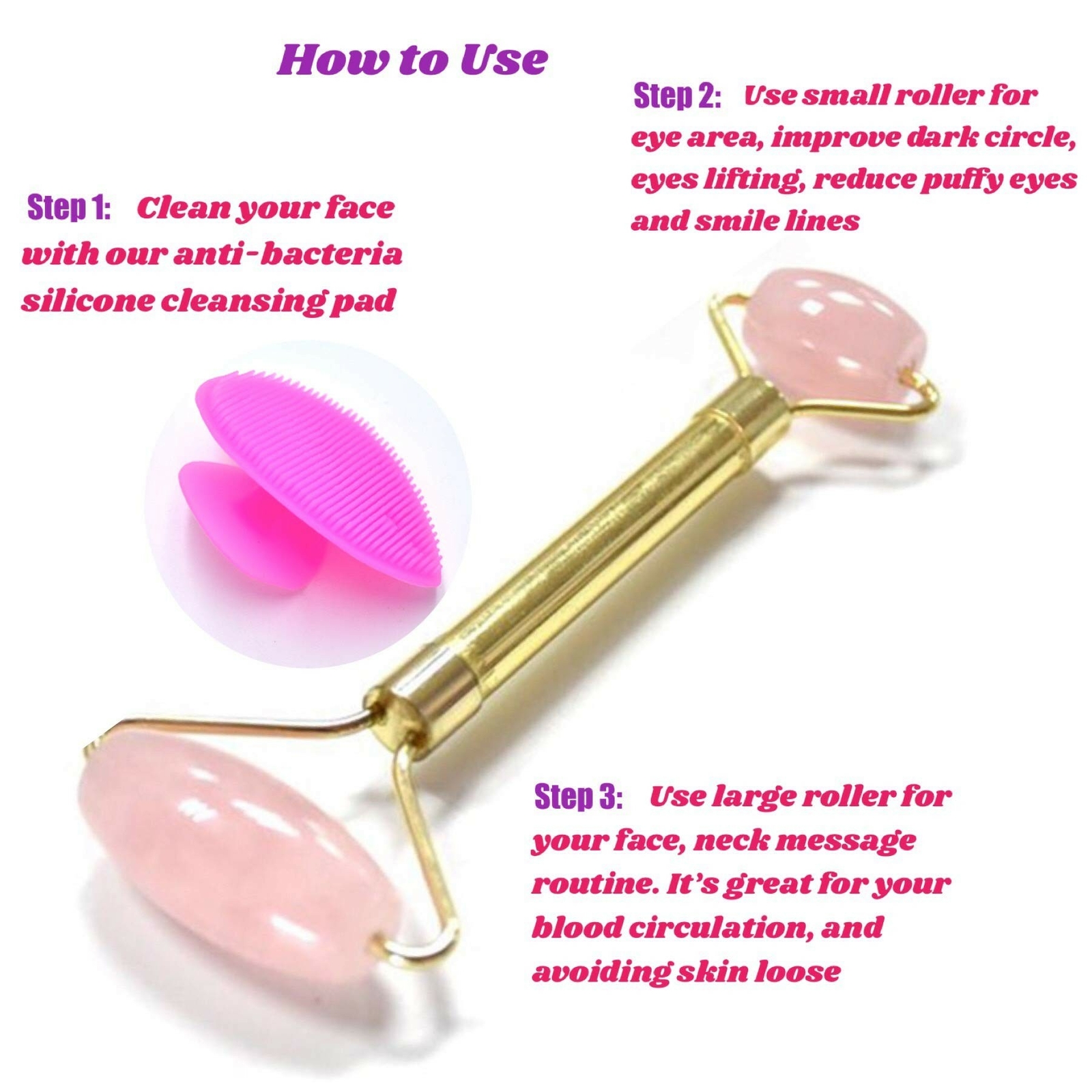 Rose Quartz Roller-Anti-Aging Facial Massage Roller-Free Foot Detox Pads,FacePad