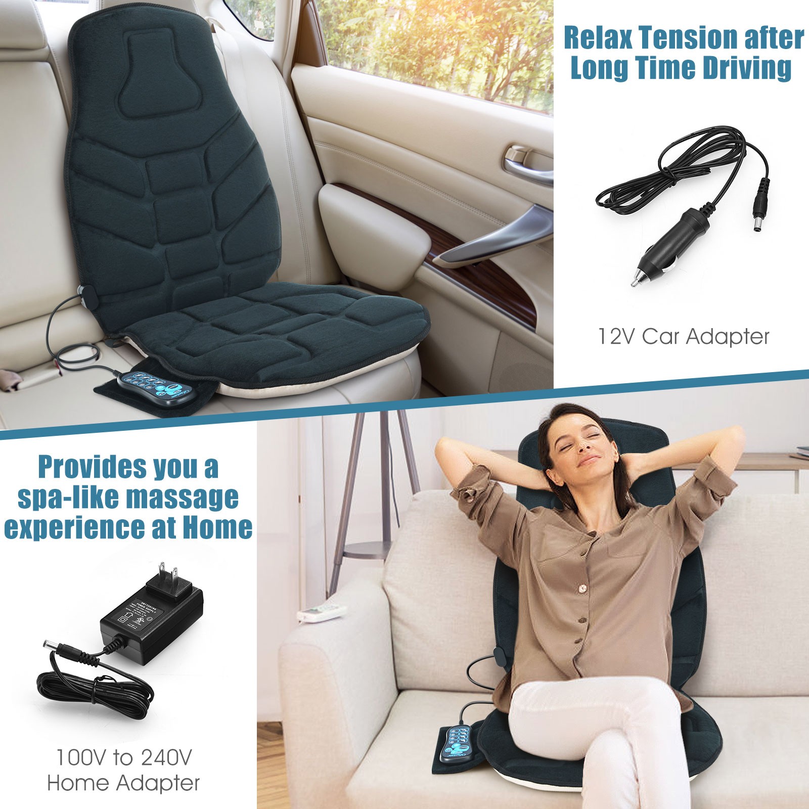 Costway Massage Seat Cushion Back Massager w/ Heat & 6 Vibration Motors for Home