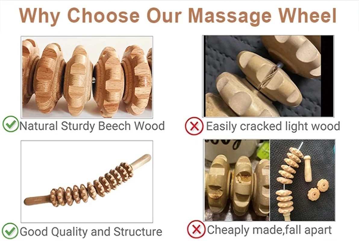 Wooden Massage Roller Stick, 12-axis curved design with ergonomic handle