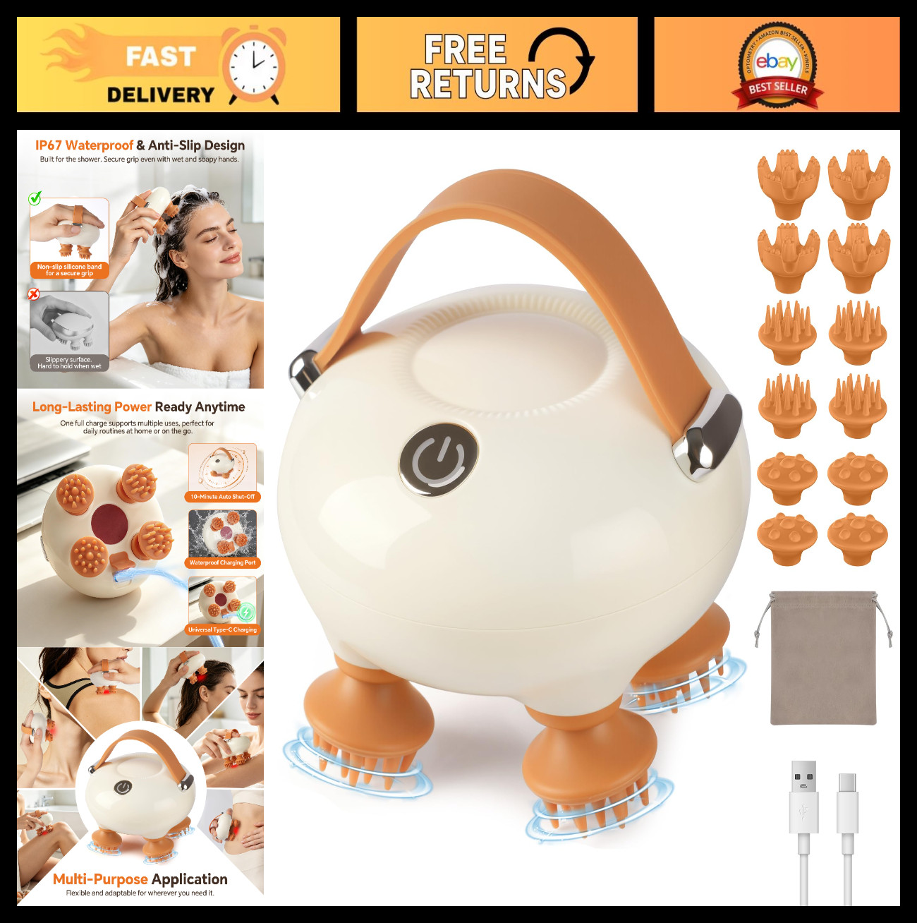 Electric Scalp Massager – Waterproof Head & Neck Relaxer, 3 Modes, 12 Claws, Gif