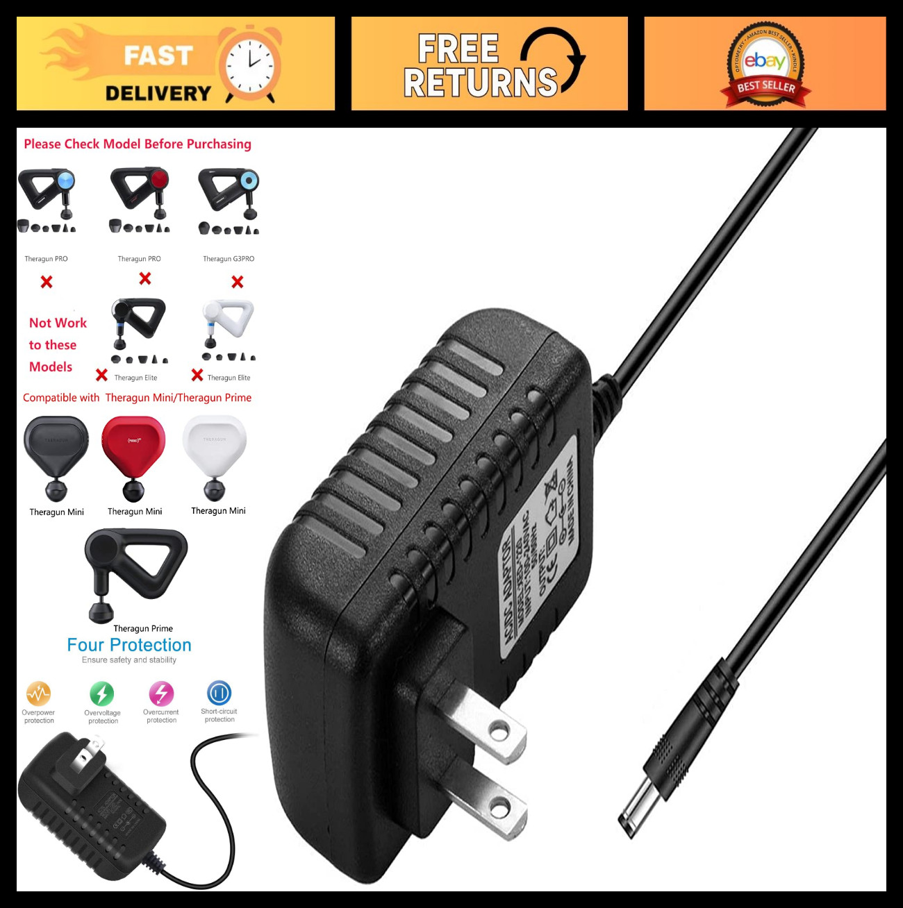 Massage Gun Charger Power Cord for Mini & Prime – AC Adapter Power Supply