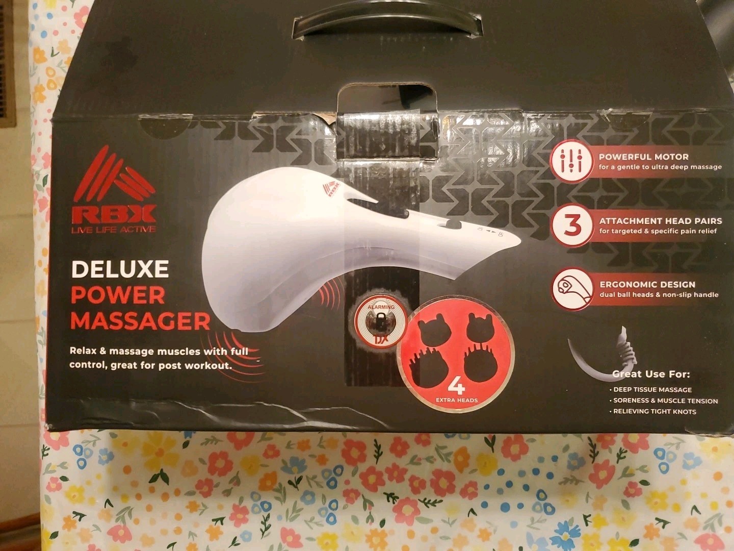 RBX Ergonomic Power Massager Dual Head Deep Tissue Massager 6 Head Attachments