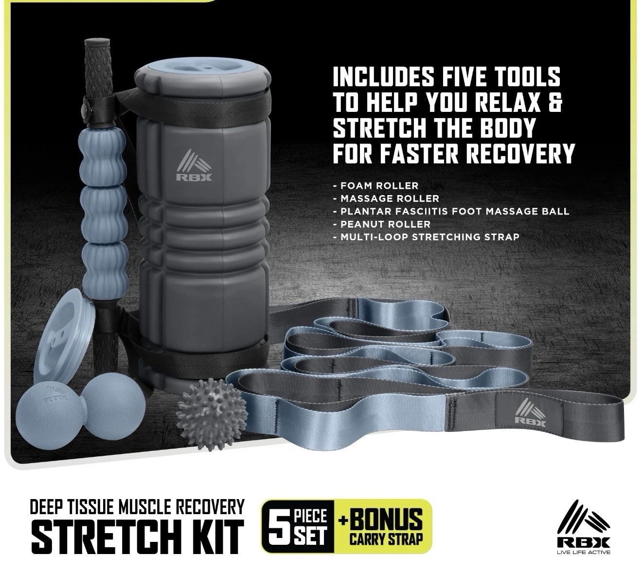 RBX Deep Tissue Muscle Recovery Stretch Kit, 5 pcs, For On the Go