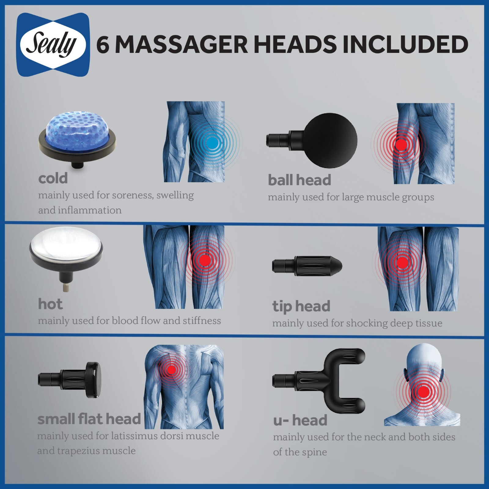 Sealy Rubberized Hot/Cold Percussive Massage Gun with 6 Massage Heads
