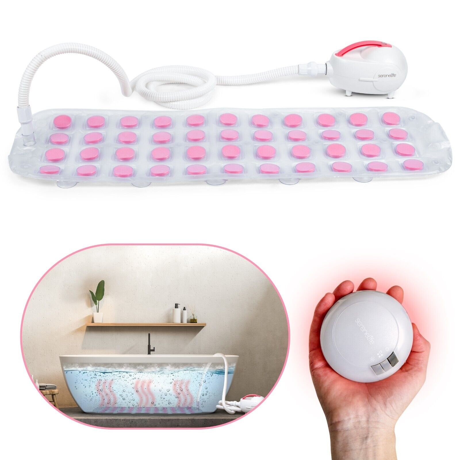 Serenelife Bubble Bath Mat Body Spa Massage w/ Heating Function (Pink)
