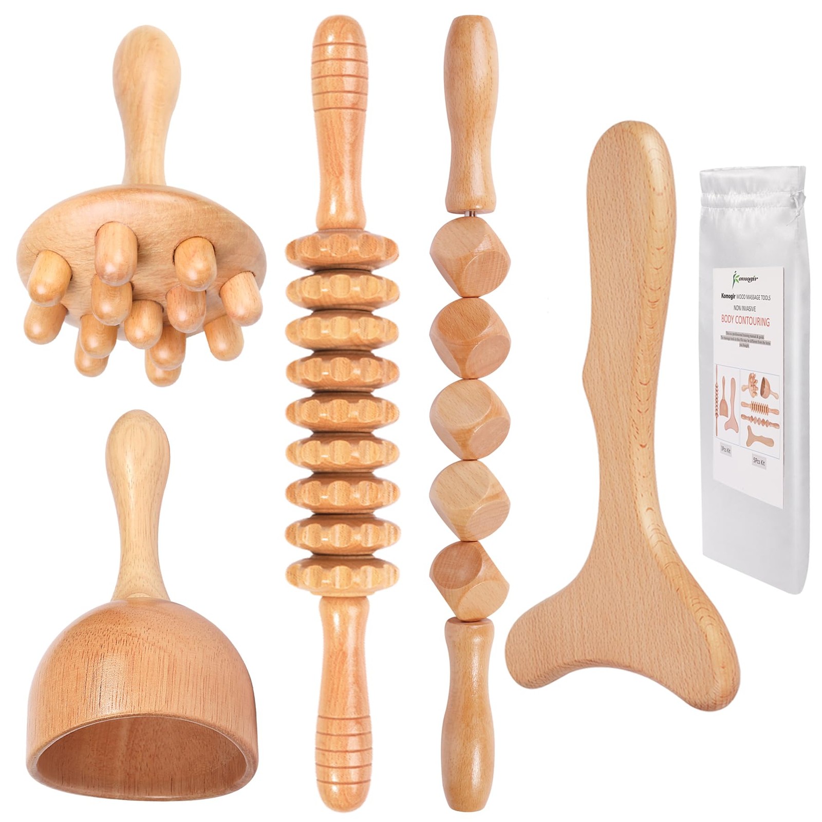 Komogir Wood Therapy Massage Tools 5-in-1 17.3 x 6.3 x 4 Inch, Kit03-5 in 1
