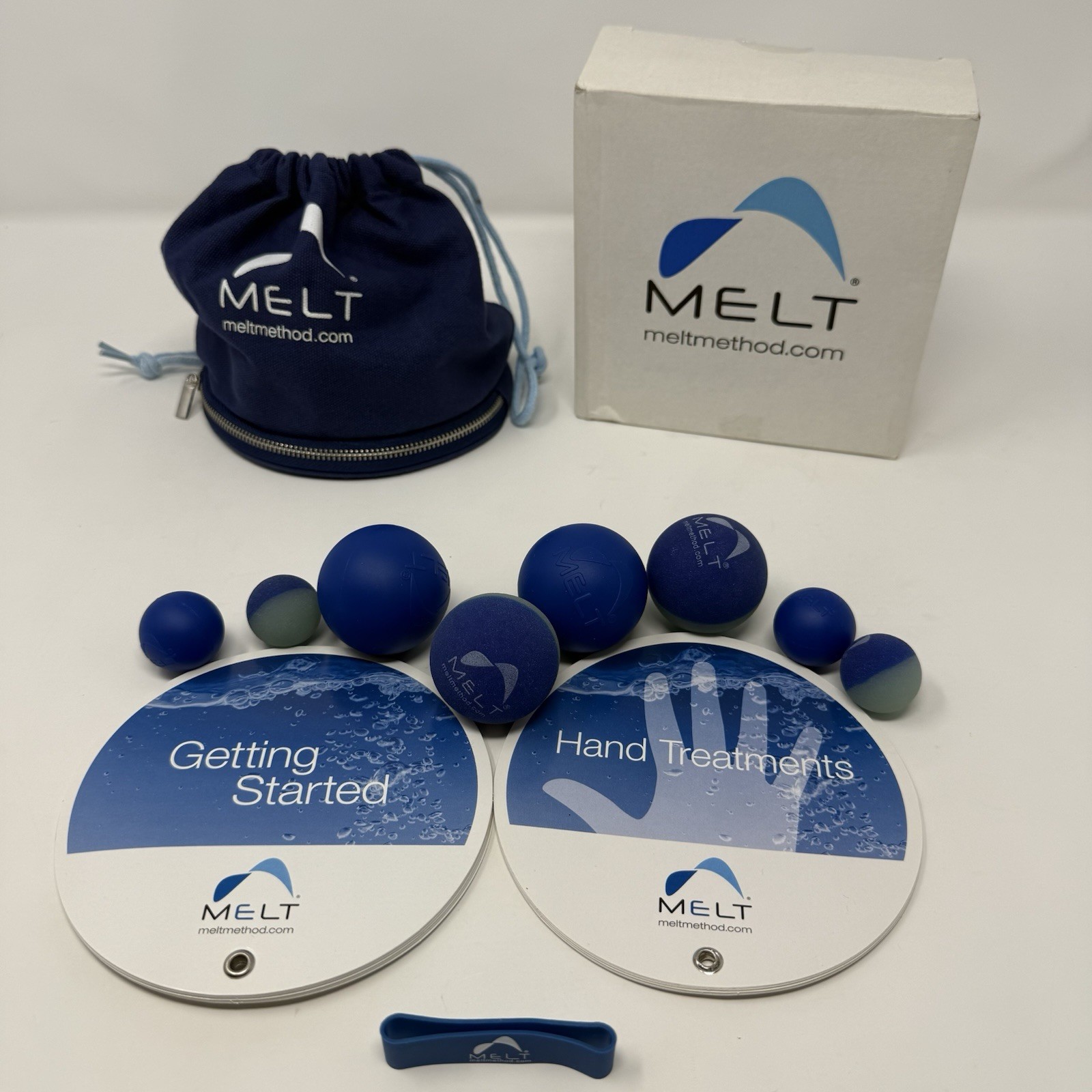 MELT Method Hand & Foot Therapy 8 Balls Kit Band Guide Manual Bag Box Blue CIB