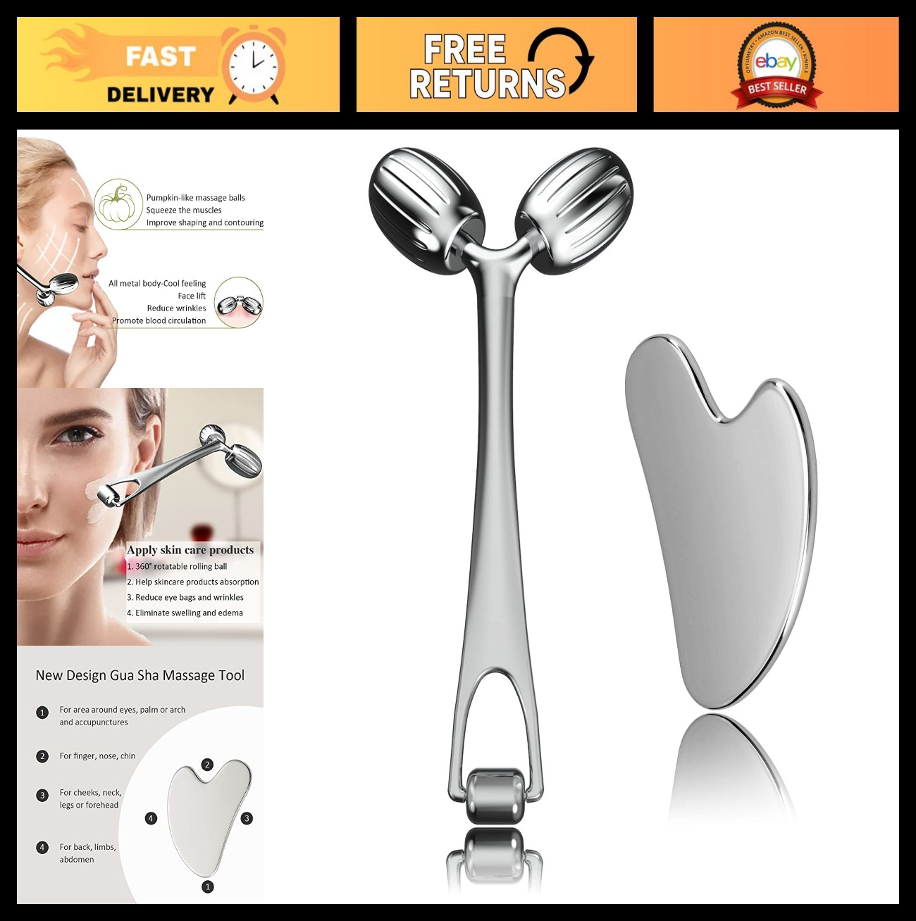 Gua Sha Facial Tools & Face Roller Set – Stainless Steel Massage Tool for Skinca