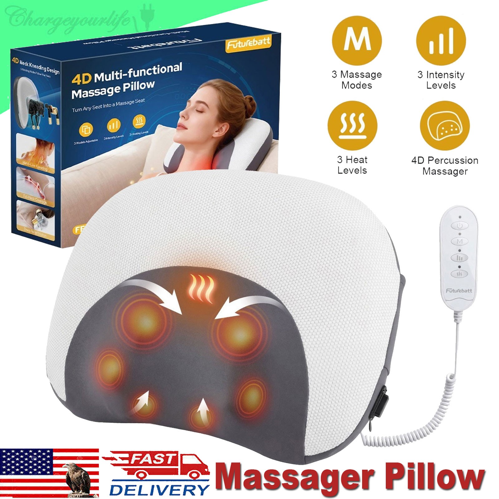 Heated 4D Neck Shoulder Massager Pillow Electric Shiatsu Deep Kneading Massager