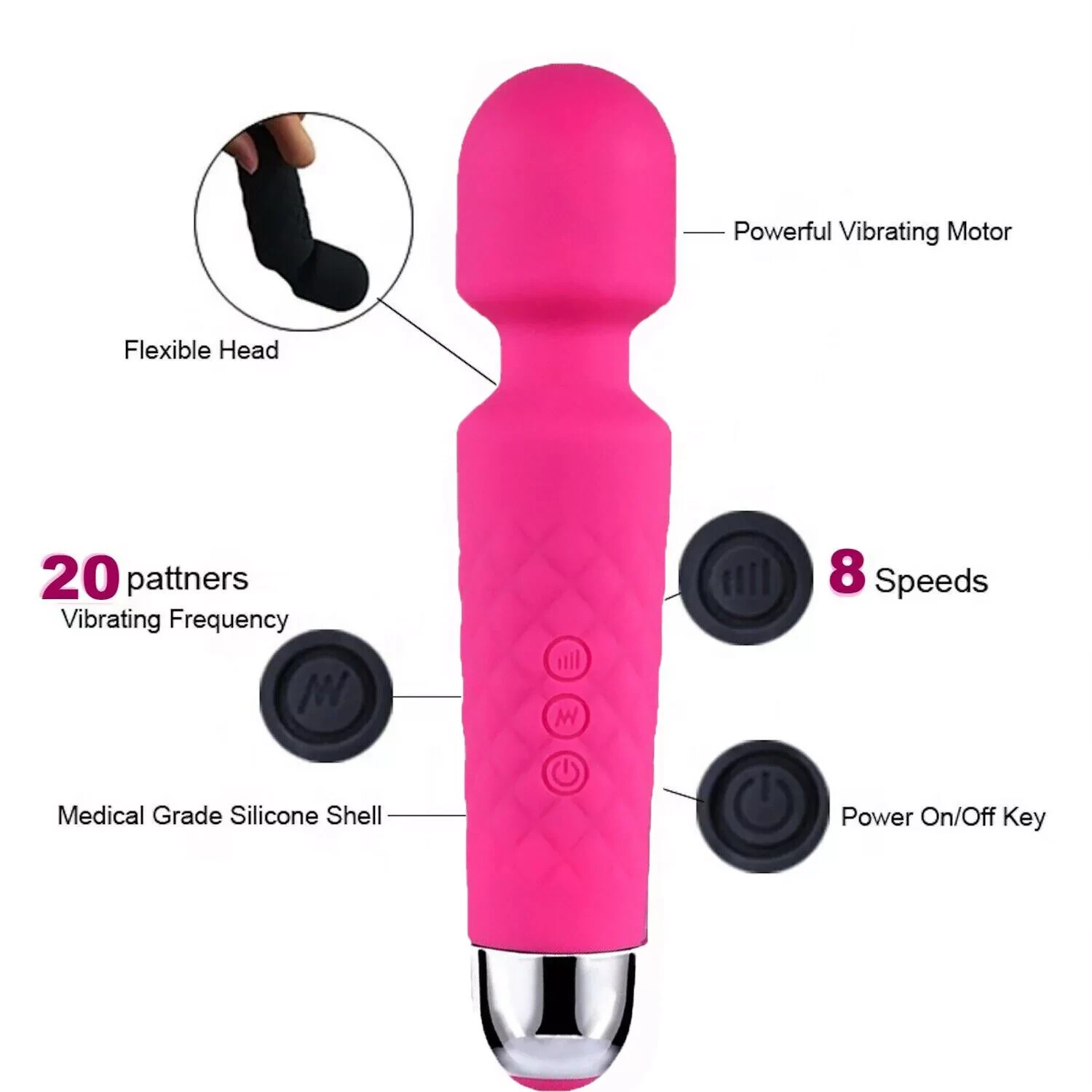 Pink/Black 20 Speed USB Handheld Massager Wand Vibrating Massage Therapy