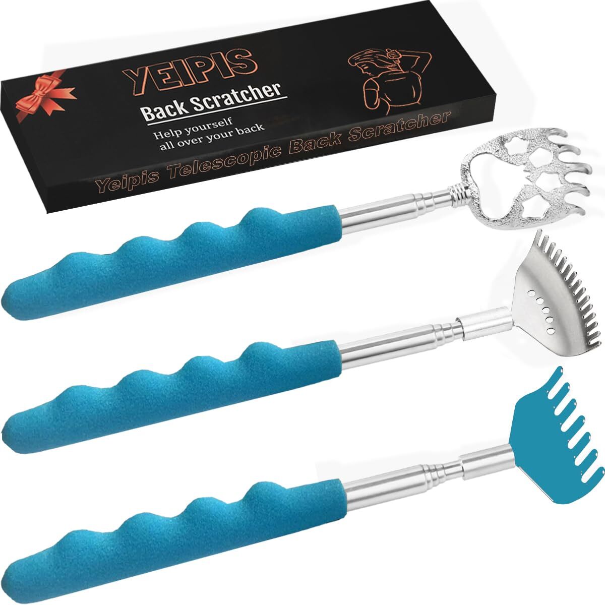 3 Pack Back Scratcher Metal Portable Telescoping Back Scratchers with Rubber Han