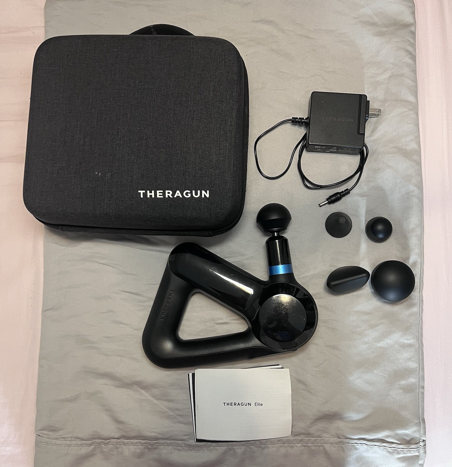 Theragun Elite Percussive Massage Gun Black/Blue w/ 5 Heads Case & Charger