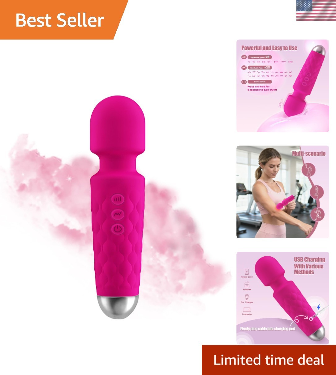 Handheld Back Massager – 20 Modes for Neck & Shoulder Relief, USB Rechargeable