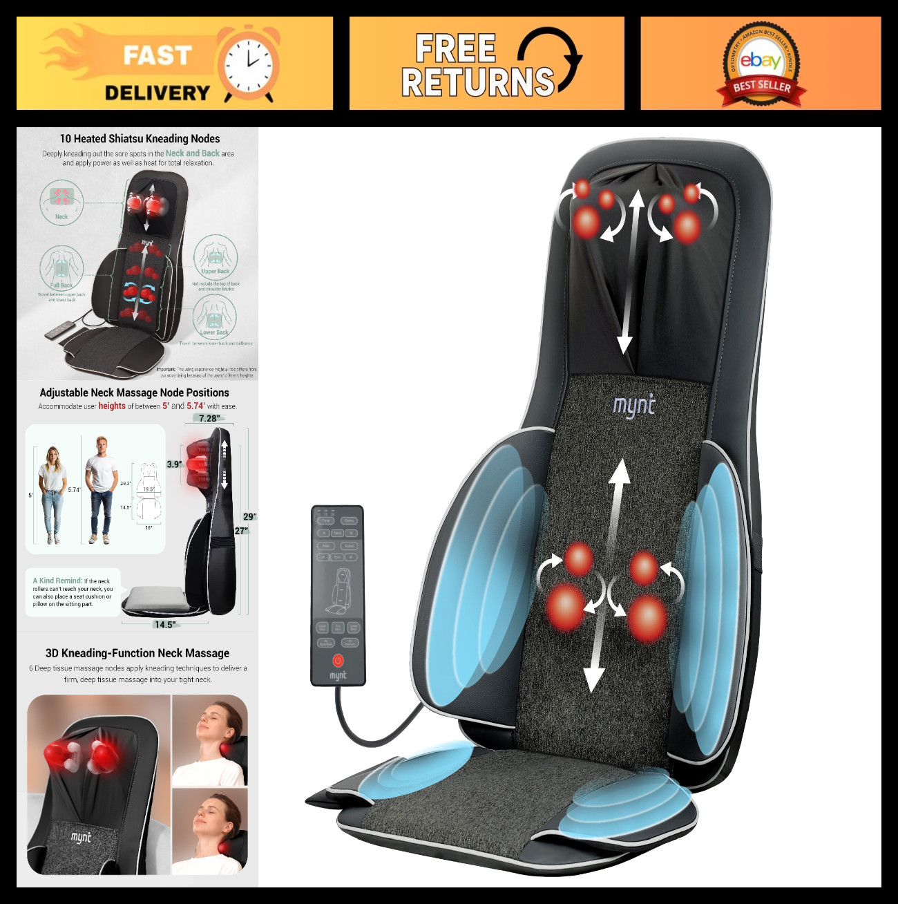 HSA Approved Shiatsu Neck & Back Massager Pad with Heat, 10 Kneading Nodes, Port