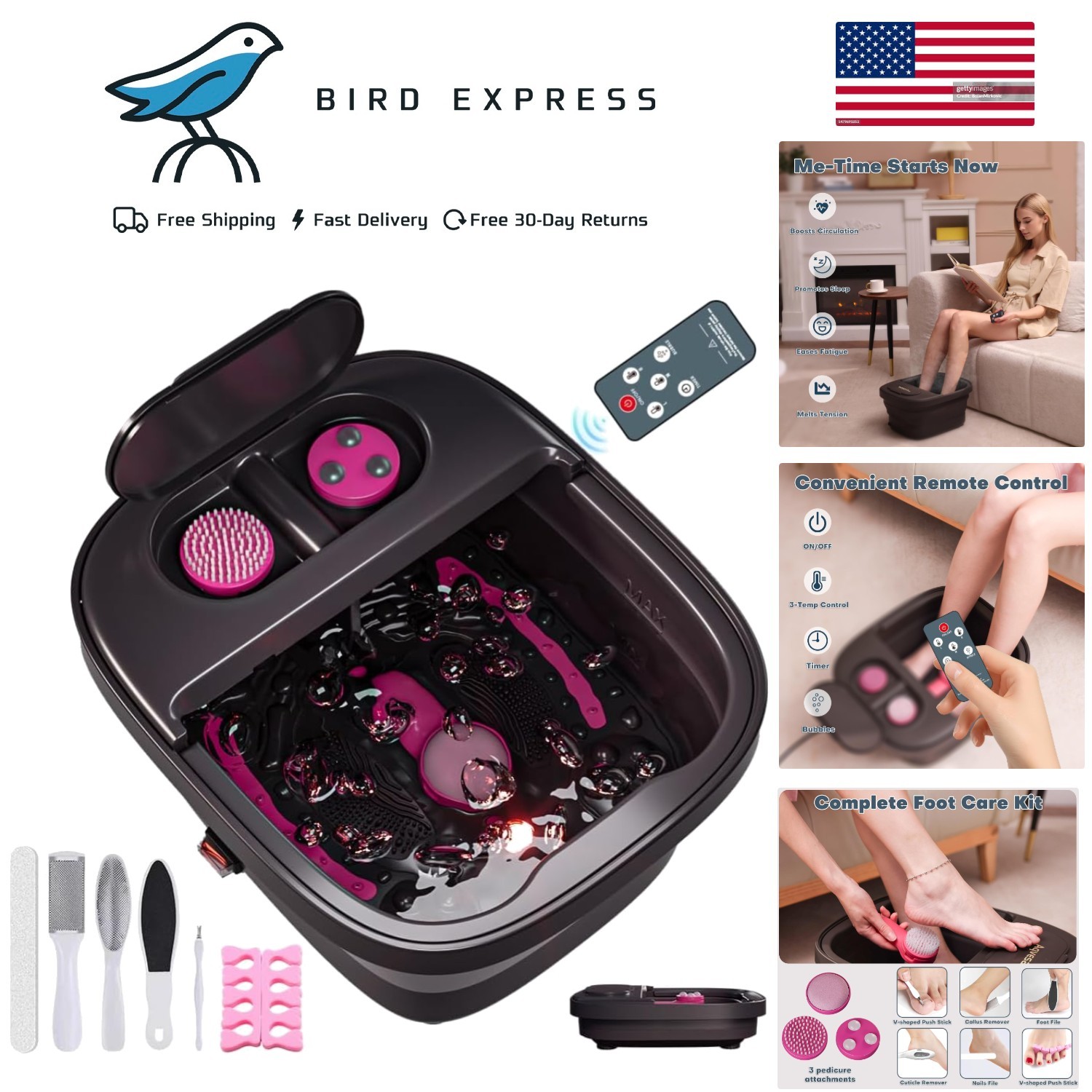 Collapsible Electric Foot Spa Bath Massager with Heat Bubbles Pedicure Attach…