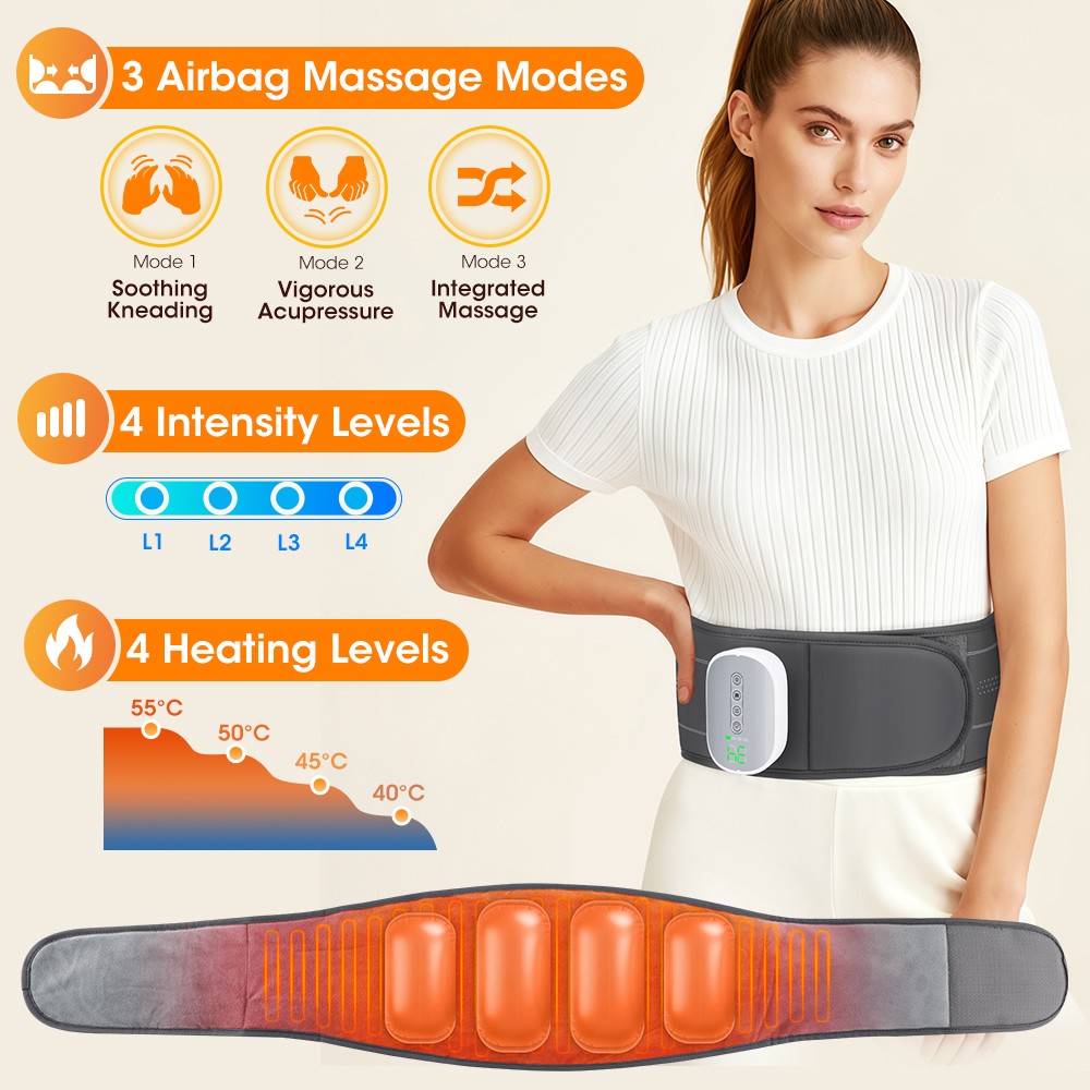 Heated Back Brace Massager for Lower Back Pain Relief, Cordless Compression Belt
