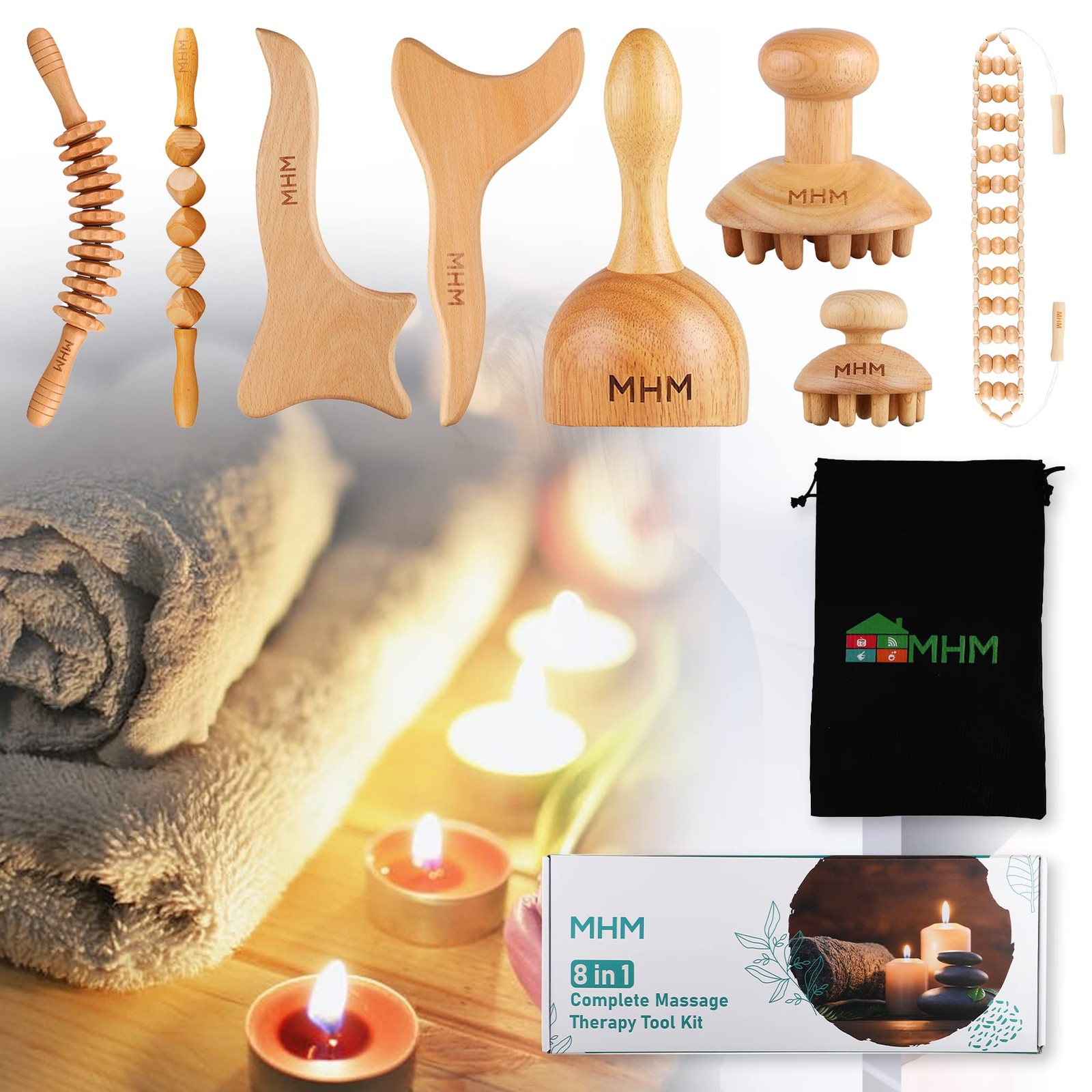 MHM 8in1 Wood Therapy Massage Tools Set for Body Sculpting and Lymphatic Drai…