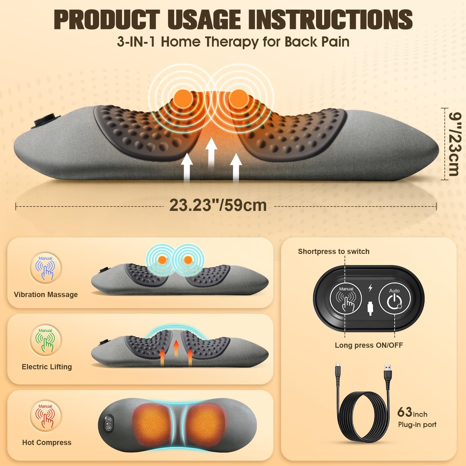 3-in-1 Lumbar Support Pillow with Heat, Vibration & Traction – Back Pain Relief