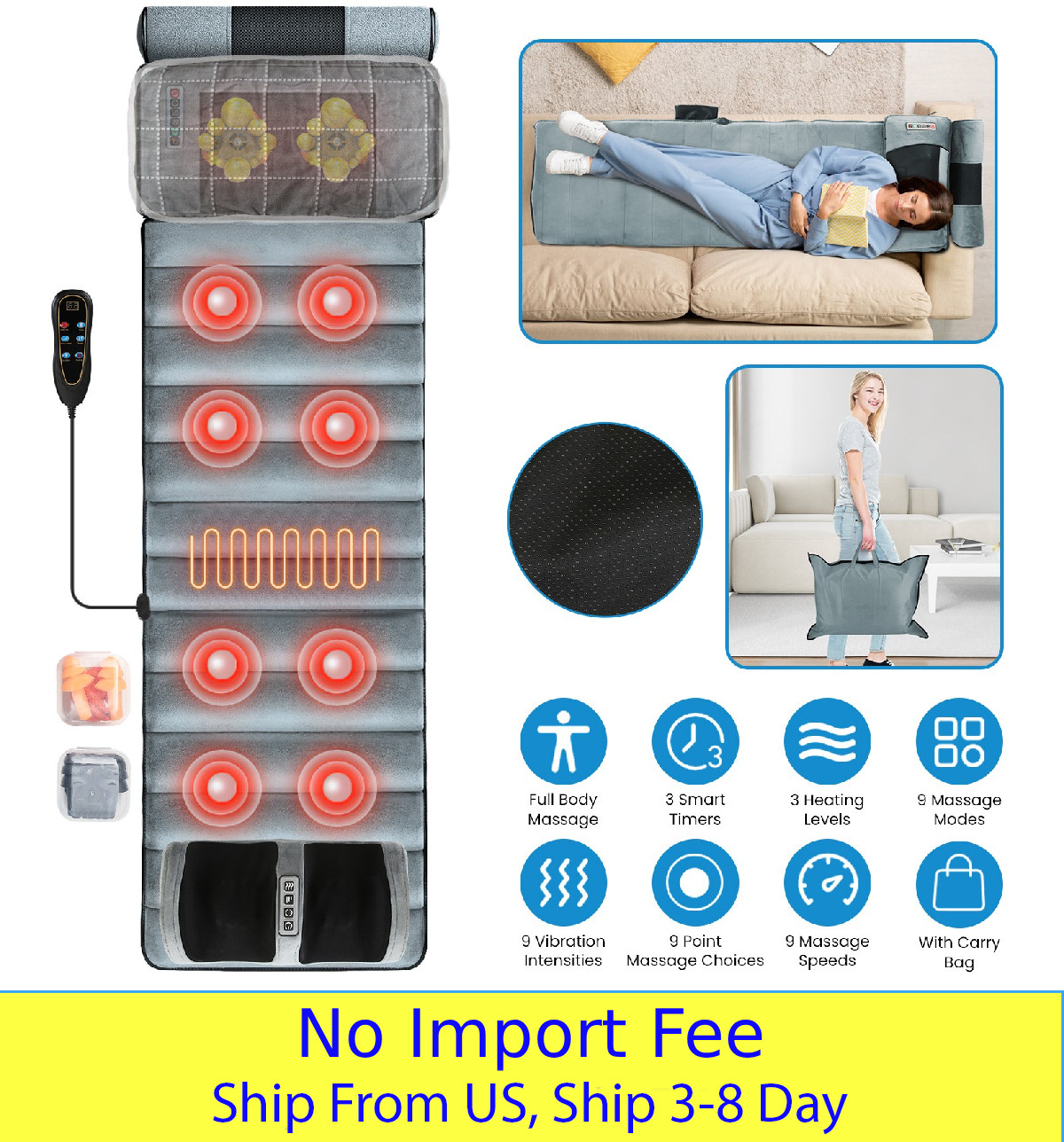 Full Body Massage Mat w/ Heat Neck & Foot Massager Vibration Pad Timer