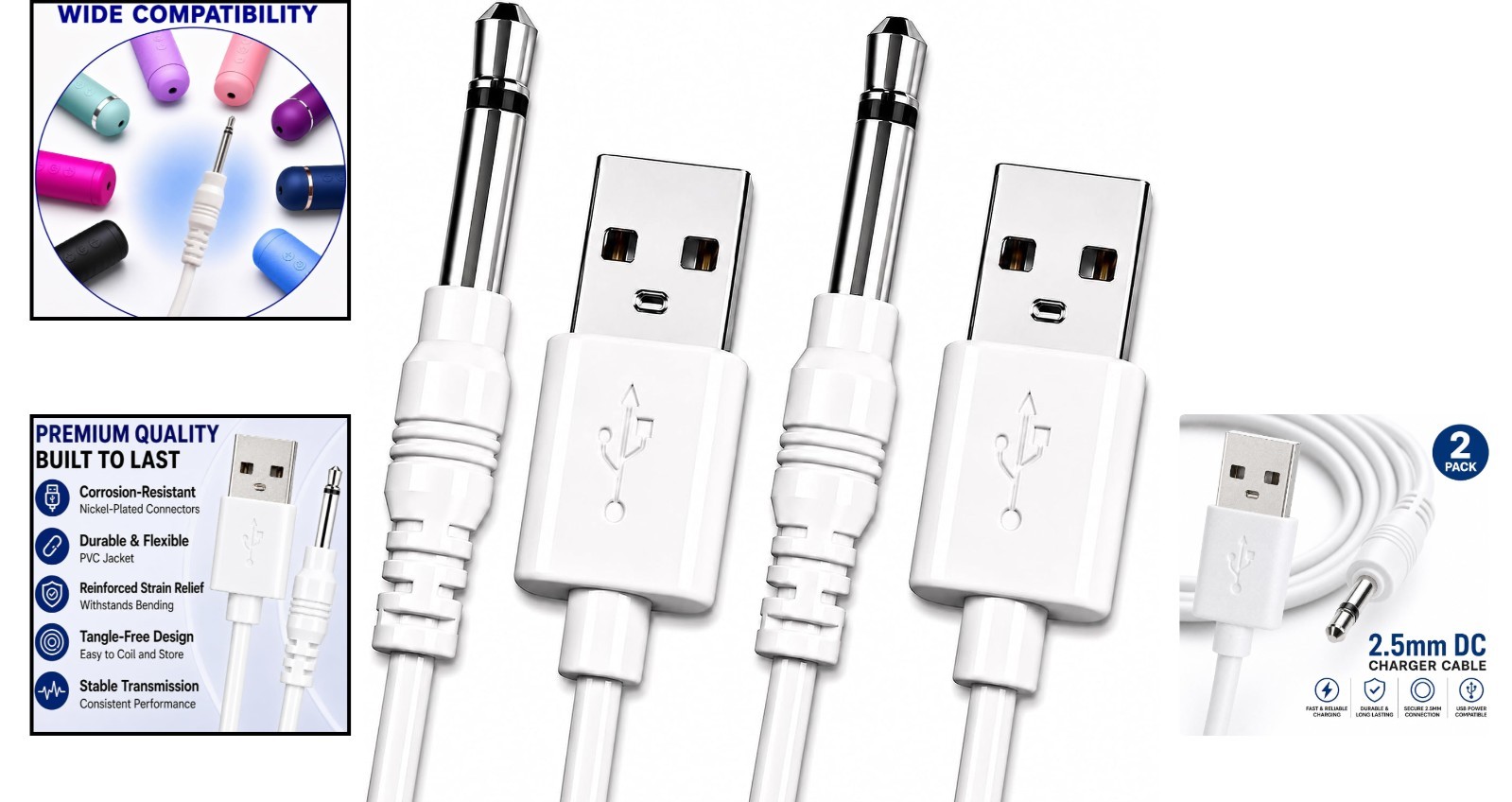 Versatile 2-Pack Fast Charging Cables for Massagers – USB and 2.5mm DC Included