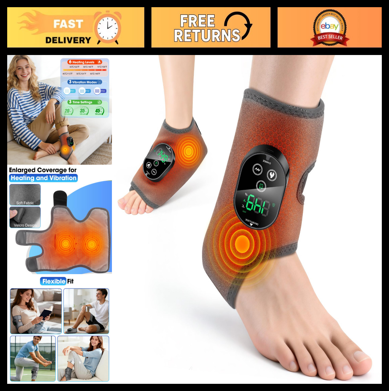 Cordless Heated Ankle Massager & Foot Pad, Pain Relief, 6 Heat Levels, 3 Vibrati