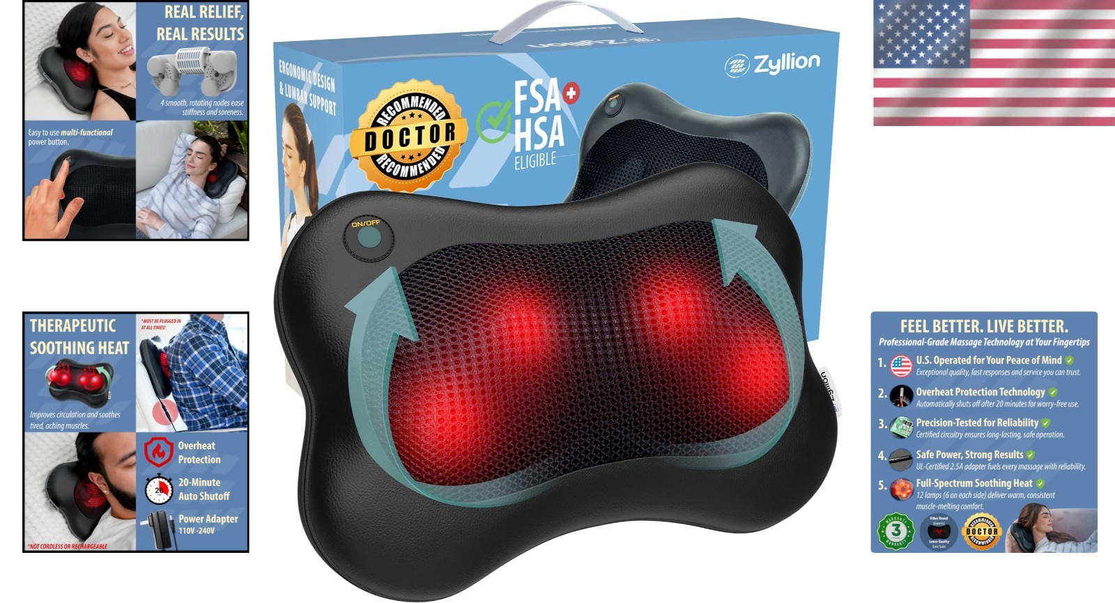 Shiatsu 3D Electric Neck and Back Massager with Heat – Pain Relief Pillow, Black