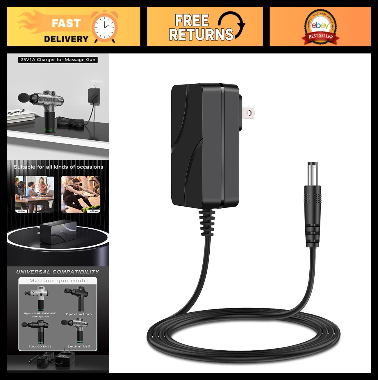 «Replacement Charger for 24V/25.2V Massage Guns – Compatible with Hypervolt, Tao