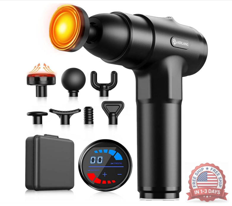 Deep Tissue Massage Gun with Heat Portable Muscle Massager 7 Heads Silent