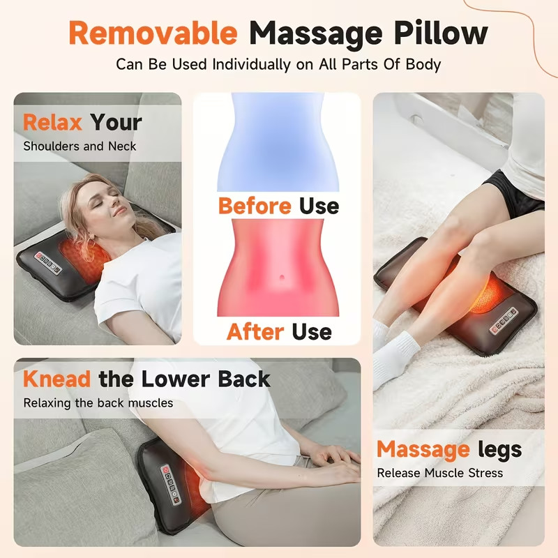 Full Body Massage Cushion Pad Heat 10 Vibration Nodes Neck Back Pain Relief Seat
