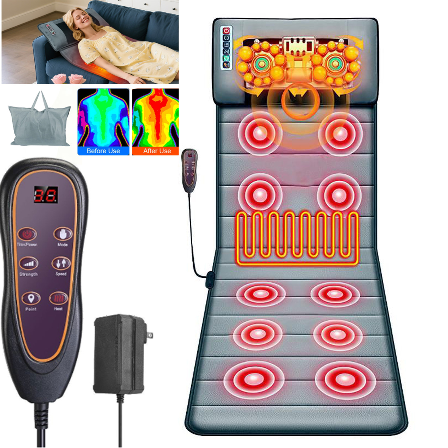 Full Body Electric Massage Mat w/Heat Vibration Massage Pad Cushion Back Massage