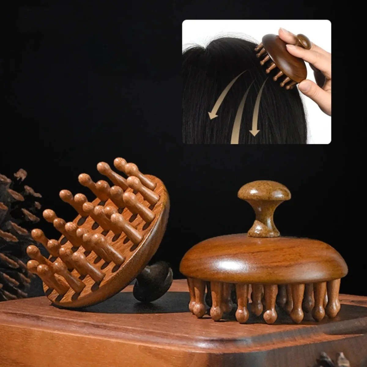 Sandalwood Massage Comb Finger Ring Scalp Massager AntiStatic Wooden Guasha Tool