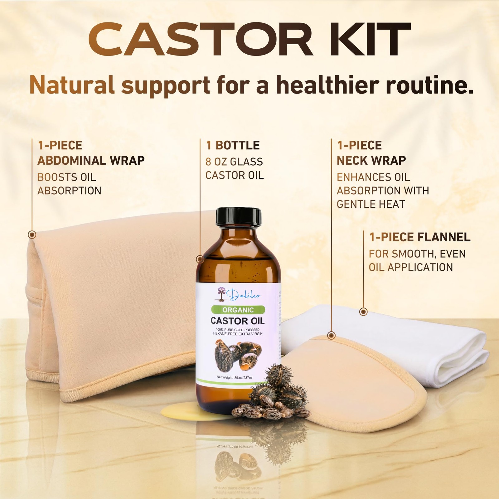 Dalileo Organic Castor Oil Pack Wrap Kit – 8oz Cold Pressed Oil with Abdomina…