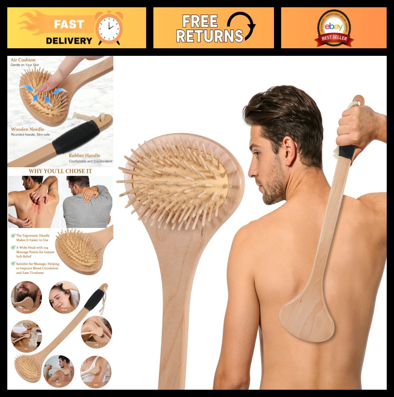 Oversized Wooden Back Scratcher 17.2″ Curved Handle Skin Massager for Adults