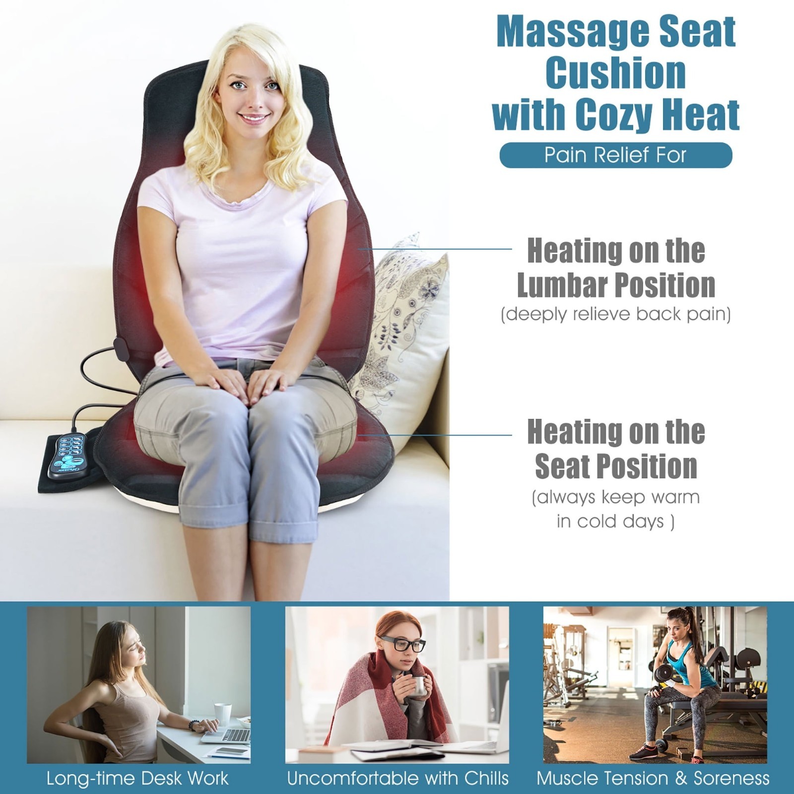 Car & Home Massage Cushion with Heat – 6 Motors, 5 Modes, 3 Intensity Levels