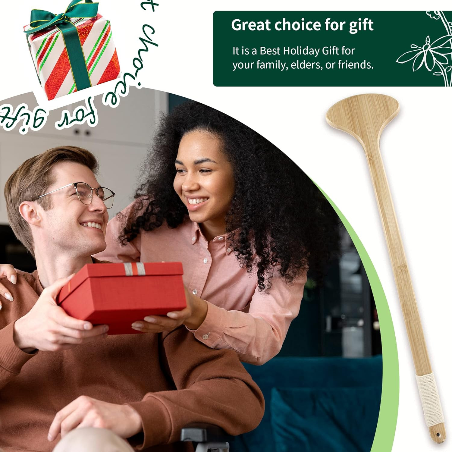 Bamboo Back Scratcher, 22» Extra Long Curved Handle Reach Back Easily, Wide Bru