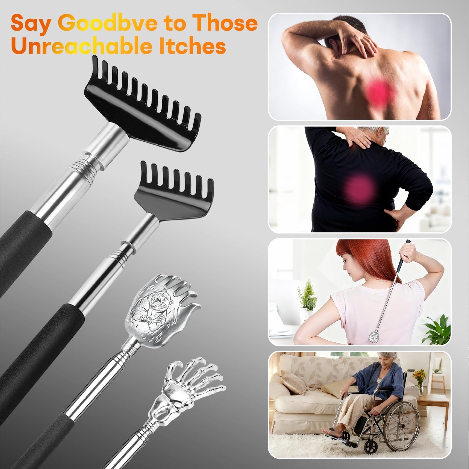 Telescoping Stainless Steel Back Scratcher 4-Pack for Adults & Seniors – Portabl